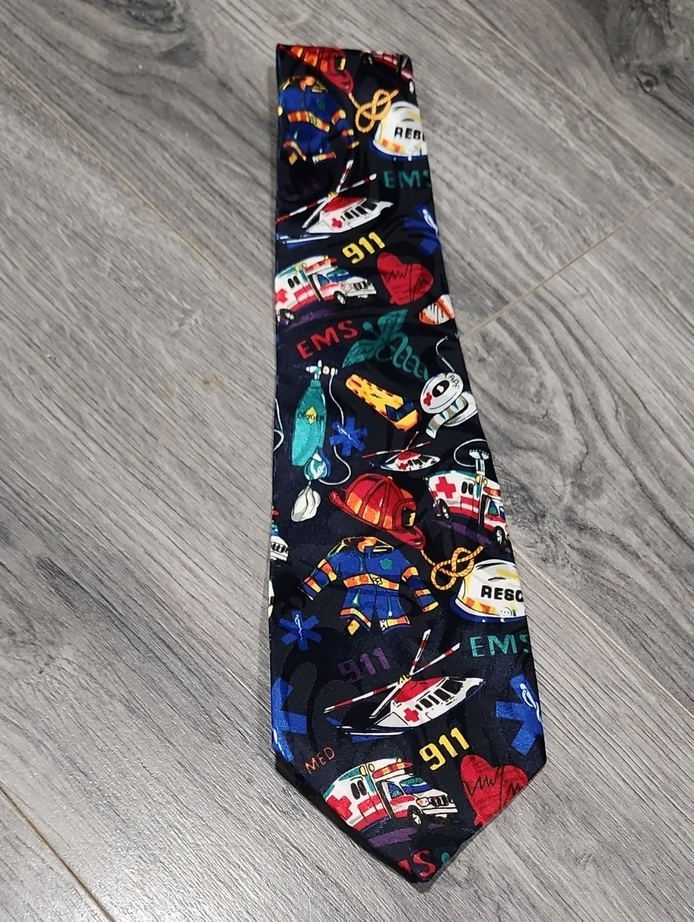 Emergency Services Pattern Tie in Black with Multicolor Motif